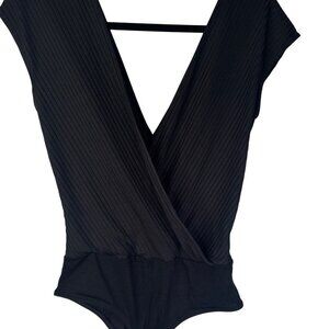 2/$30 ZARA Black Ribbed Small Deep V-Neck Bodysuit Stretch Knit